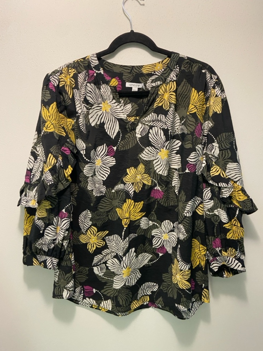 Chico's Black Floral V-Neck Ruffle Sleeve Top with Yellow & Pink Accents